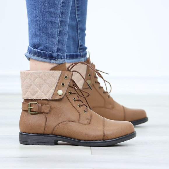 Tan Ankle Boots Lace-Up Fold Cuff Buckle Detail Faux Leather Flat Sole - Picture 2 of 10